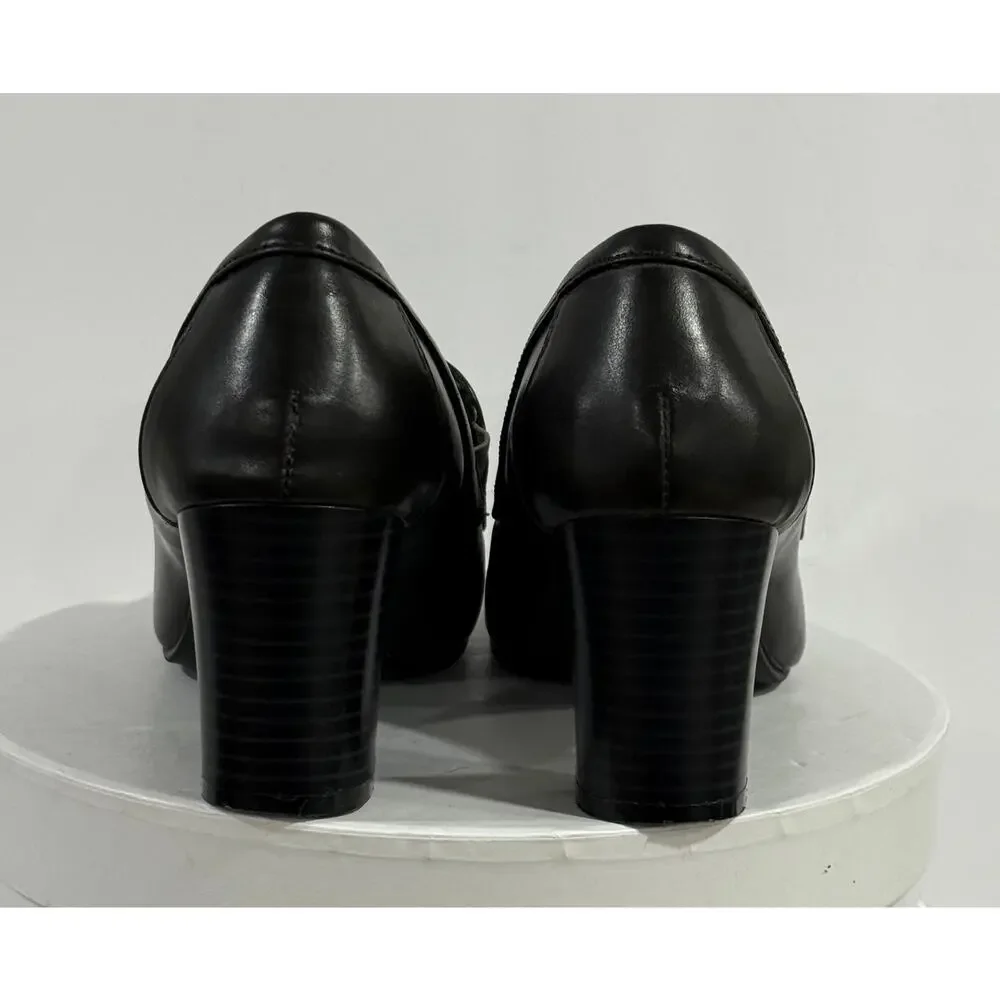 GH Bass Paris Heeled Loafers Black Square Toe Block Heel Office Siren Women's 6M